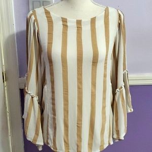 Maurices Boho Romantic White & Tan Striped Ruffled  Bell Sleeve Flowy Top M
